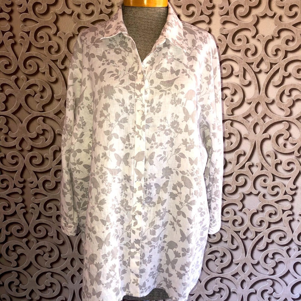 Coldwater Creek Lovely Linen Grey & White Blouse